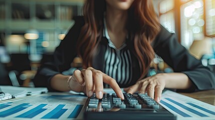 Fototapeta premium Business and finance concept Business woman using calculator to calculate business data at office, Generative AI