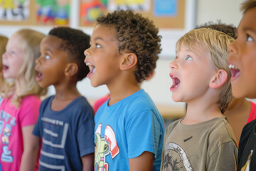 Elementary school children engage in vocal exercises, articulating vowel sounds with playful enthusiasm as part of their classroom learning.