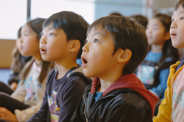 Elementary school students sit attentively, vocalizing vowel sounds with curiosity and...