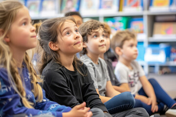 Elementary school students sit attentively, vocalizing vowel sounds with curiosity and concentration, actively participating in their language learning journey.