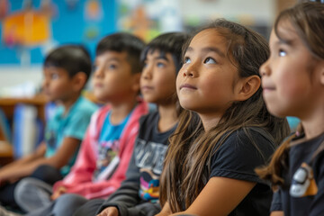 Elementary school students sit attentively, vocalizing vowel sounds with curiosity and concentration, actively participating in their language learning journey.