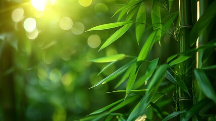 Fototapeta na wymiar Lush bamboo forest, sun on bamboo, close-up, bokeh effect