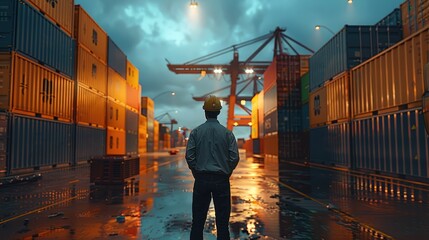 World of container shipping and logistics with an businessmen coordinating trade activities at a bustling port. Generative AI. - obrazy, fototapety, plakaty