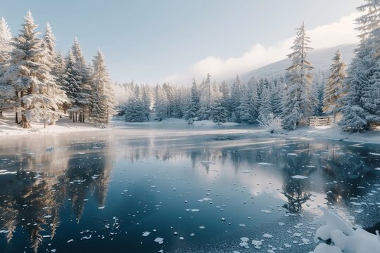 A stunning image of a frozen lake nestled amidst a snowy landscape with trees covered in snow.