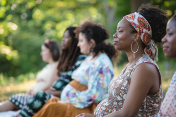 Pregnant women from multicultural backgrounds gather in the third trimester, embracing their pregnancies with unity and support.
