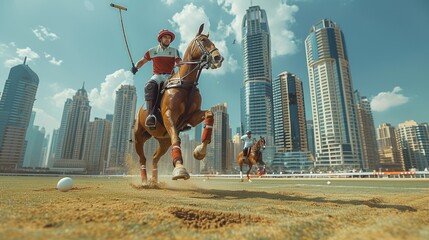 Low angle action shot of a polo ball being hit in a polo match. City buildings at the background. Generative AI.