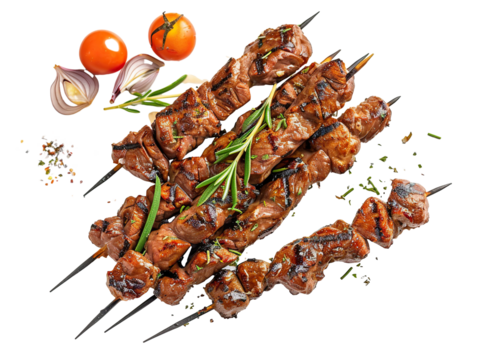 skewers of meat in photo with white background PNG