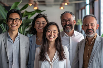Obraz premium The members of a successful business team pose together in the office, wearing smiles and making eye contact with the camera.
