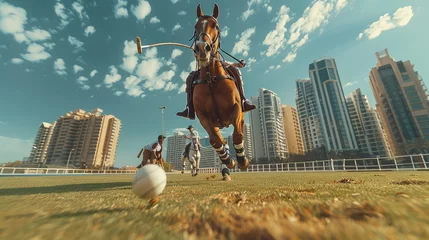 Foto op Canvas Low angle action shot of a polo ball being hit in a polo match. City buildings at the background. Generative AI. © visoot
