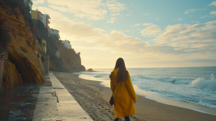 Witness the charm of an active lifestyle and travel adventure, where a beautiful young woman in a stylish yellow coat enjoys a seaside stroll