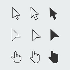 Cursors icons click set. Easy editable computer mice pointer symbols.