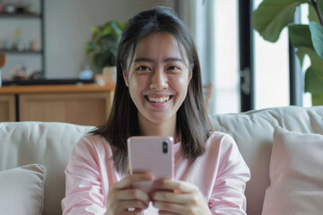 With enthusiasm young Asian woman holds a smartphone while sitting on a sofa at home. Her radiant...
