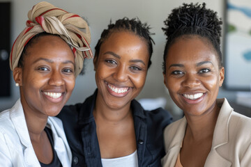 With beaming smiles, a group of three businesswomen demonstrates resilience and determination in the office, inspiring success through unity.