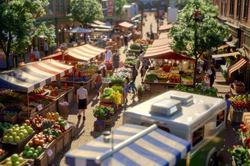 This aerial photograph captures the bustling atmosphere of a farmers market in a city, showcasing a wide array of fresh produce and artisan products.