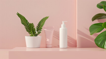 Elegant Skincare Product Mockup with Tropical Plant on Pastel Pink Background - obrazy, fototapety, plakaty