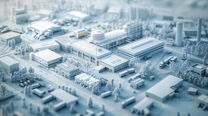 A big supply chain with different types of transportation, big warehouses, high office buildings, parcel carriers, in 3d style with white material. Aerial high view. Generative AI. - obrazy, fototapety, plakaty
