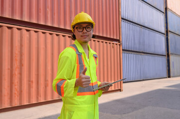 An engineer is inspecting the goods entering a yellow forklift container.
