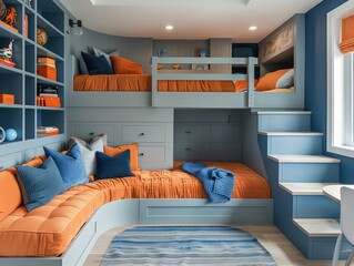 A blue room with a bunk bed and a couch. The bunk bed is orange and has a blanket on it - obrazy, fototapety, plakaty