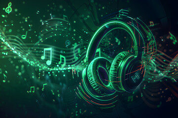 Abstract Representation of a MP3 Ringtone with Neon Aesthetics- Headphones and Digital Sound Waves