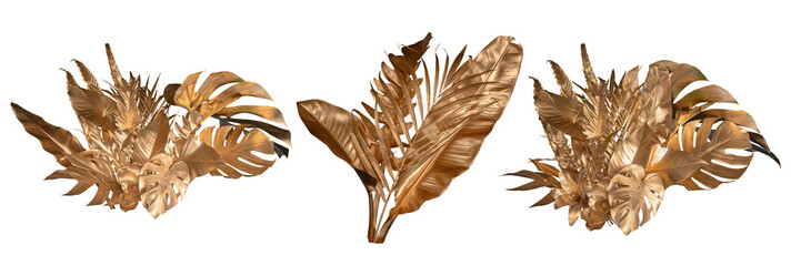 Tropical golden leaves on transparent background.(Monstera,palm,coconut) PNG