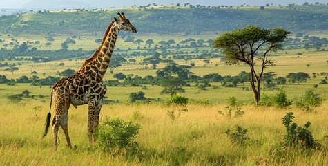 A giraffe stands on a green grassy plain