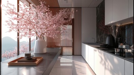 Interior design of Japanese kitchen, cherry blossom. Generative AI.