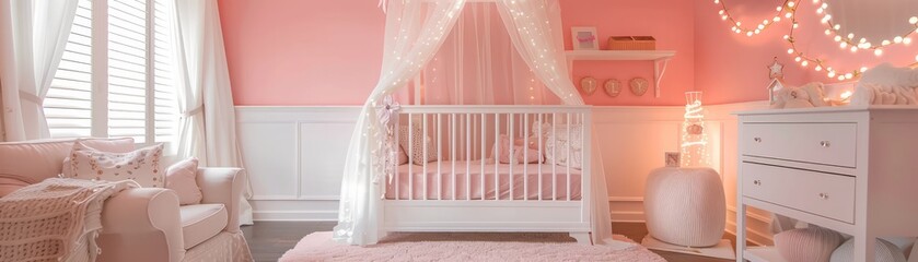 A baby's nursery with a pink wall and white furniture. The room is decorated with a canopy and a white crib