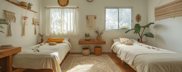 A small bedroom with two white beds and a wooden desk. The room has a minimalist and clean look, with a few decorative elements such as a vase and a potted plant. The overall mood of the room is calm