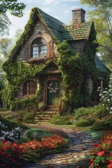 Fototapeta premium A painting showcasing a charming cottage adorned with ivy, surrounded by a vibrant garden filled with colorful flowers.