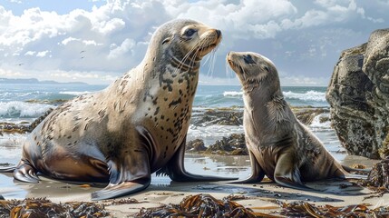 Fototapeta premium Realistic drawing of a sea lion cub and its mother on a beach, their peaceful interaction beautifully depicted against the coastal landscape