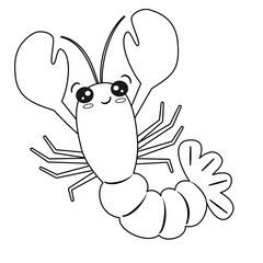 Cute hand drawn black and white cartoon character lobster funny vector illustration isolated on white background for coloring art