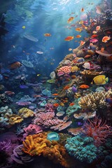 An underwater scene showcasing a vibrant coral reef filled with a variety of colorful fish swimming amidst the coral formations.