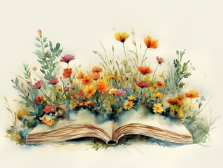 Hand painted watercolor painting of flowers growing out of book