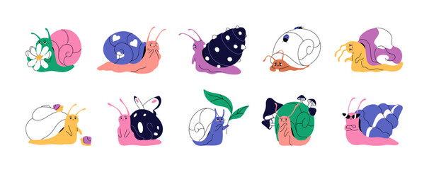 Happy and sad snails set. Slugs with patterned coiled shells. Cute snailfishes with butterfly, ladybugs. Gastropods with different emotions. Flat isolated vector illustration on white background © Paper Trident
