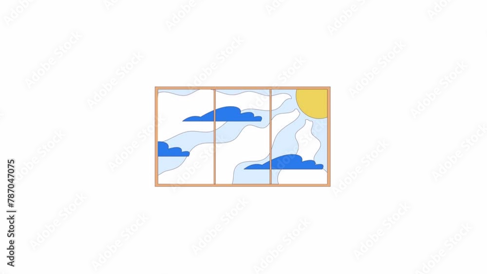 Poster Bright sun and floating clouds line 2D object animation. Nice weather outdoors flat color cartoon 4K video, alpha channel. Inspiring view through room window animated item on white background