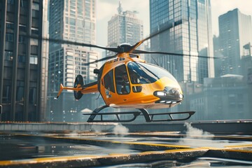 A yellow air taxi helicopter taking off and flying over a bustling urban cityscape with tall buildings.