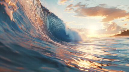 Witness the majesty of a giant blue ocean wave breaking on a tropical coast at sunrise through an HD camera capture