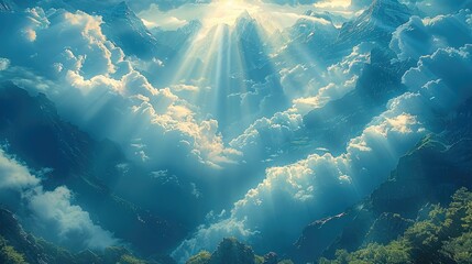 The rays of light are coming through the mountains, ethereal cloudscapes. Generative AI. - Powered by Adobe