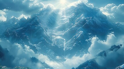 The rays of light are coming through the mountains, ethereal cloudscapes. Generative AI. - Powered by Adobe