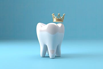 Model white tooth with crown, blue background