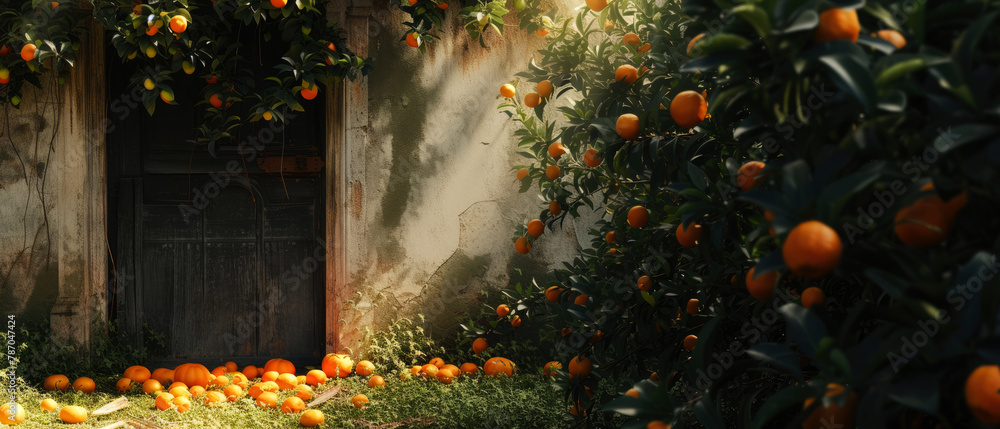 Wall mural Fairy garden with oranges,tangerine trees and fruits. Beautiful summer exterior mockup. backyard, patio with orchard view. generative ai. - Wall murals