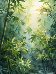 Watercolor painting of lush bamboo forest, sunset