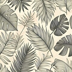 A Detailed Illustration of Various Monstera and Palm Leaves in Monochrome
