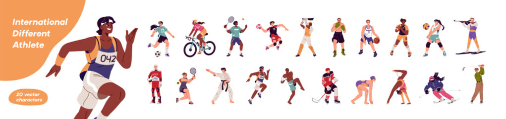 Different sportsmen, sportswomen play games set. Athletes of various sports: swimming, skiing. Football, basketball, tennis, ice hockey players. Flat isolated vector illustration on white background © Paper Trident