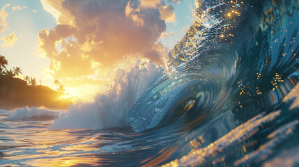 Witness the majesty of a giant blue ocean wave breaking on a tropical coast at sunrise through an HD camera capture.