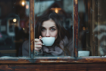 Femme qui boit son café devant la fenêtre - obrazy, fototapety, plakaty