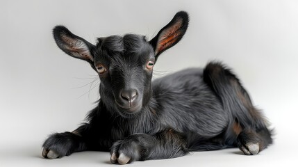 Little black goat lying on a white background.