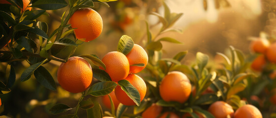 Close up of juicy mandarin, oranges, tangerine, with green leaf. Citrus Fruits. Gorgeous banner for ads. Generative ai