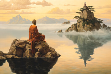 A man sits on a rock overlooking a body of water