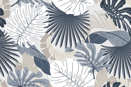Floral seamless pattern, colorful leaves, monstera on a light gray background, vector illustration